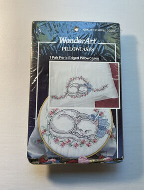 VTG WonderArt Cross Stitch Pillowcases "Sleeping Kitten" 1 Pair 20"x30" NIP
